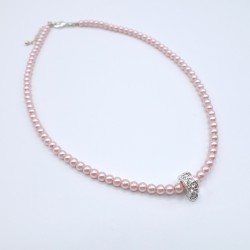 Collier de perles roses argenté avec anneau