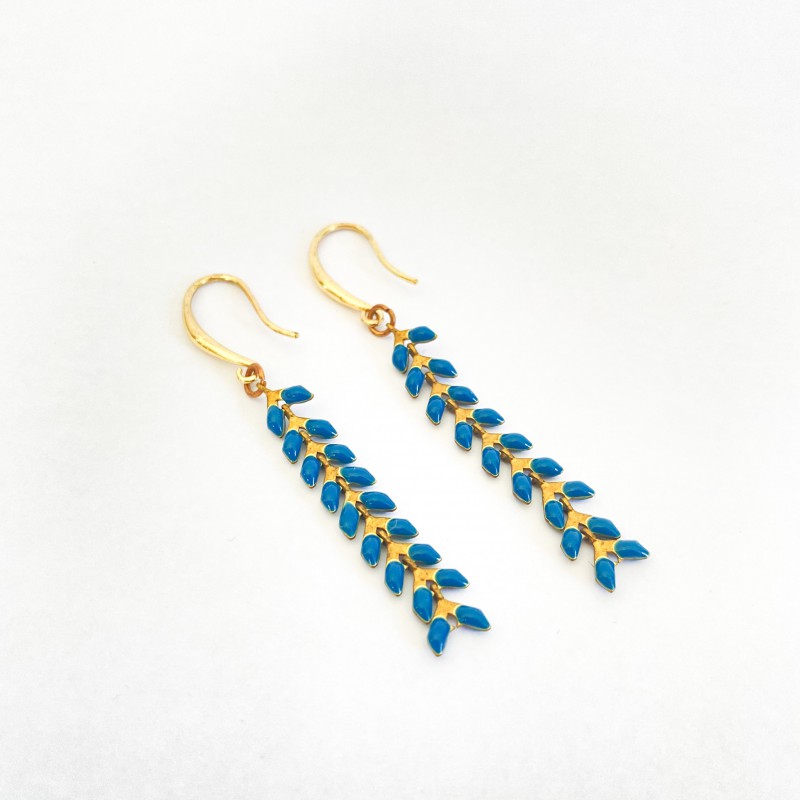 Boucles d'oreilles pendantes feuilles bleu