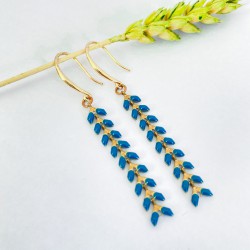 Boucles d'oreilles pendantes feuilles bleu