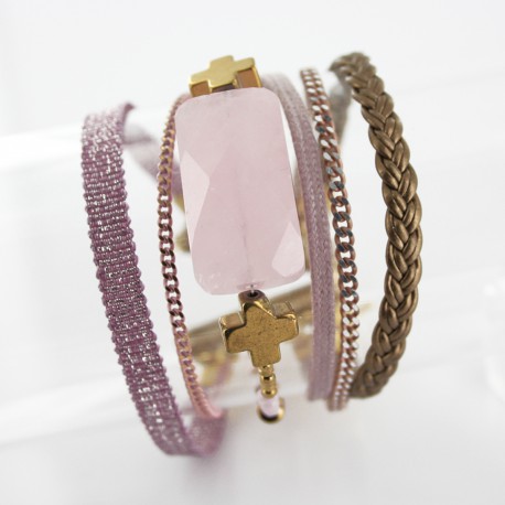 Bracelet manchette aimanté quartz rose et hématite