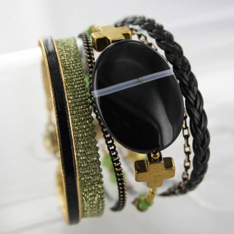 Bracelet manchette aimanté agate noire et hématite Bracelet manchette aimanté agate noire et hématite