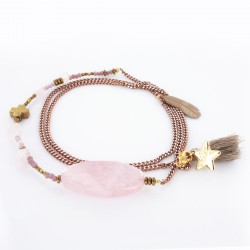 Sautoir quartz rose et hématite sur sur chaîne