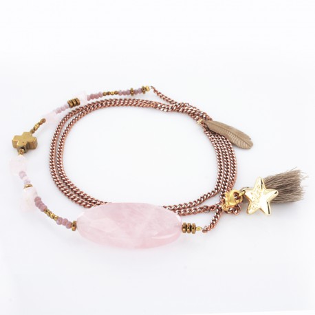 Sautoir quartz rose et hématite sur sur chaîne Sautoir quartz rose et hématite sur sur chaîne
