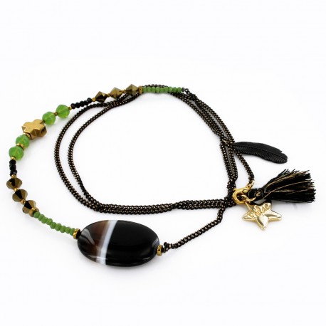 Sautoir agate noir, jade et hématite sur sur chaîne Sautoir agate noir, jade et hématite sur sur chaîne
