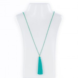 Sautoir pompon de soie turquoise