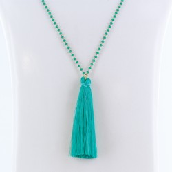 Sautoir pompon de soie turquoise