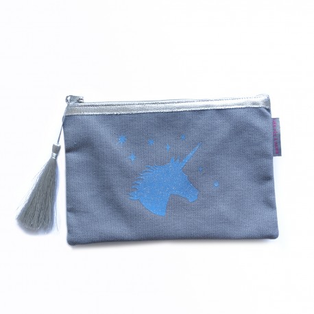 Pochette gris clair, licorne bleue Pochette gris clair, licorne bleue